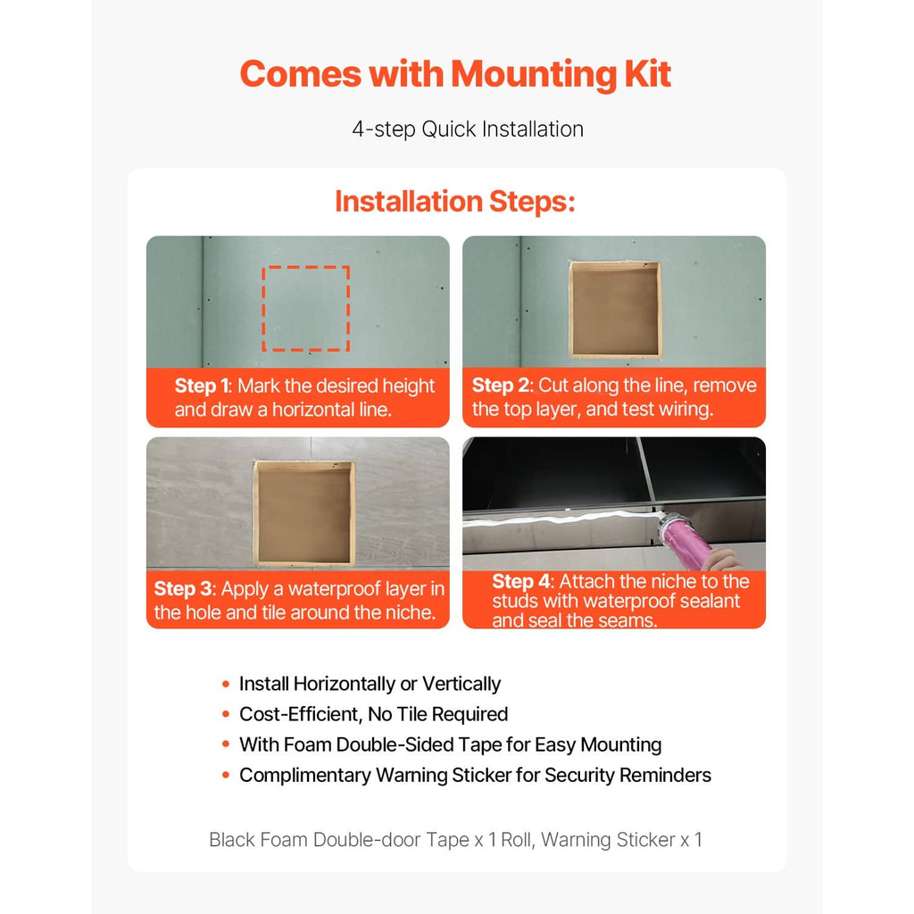 Black recessed shower niche shelf with included mounting kit installation diagram