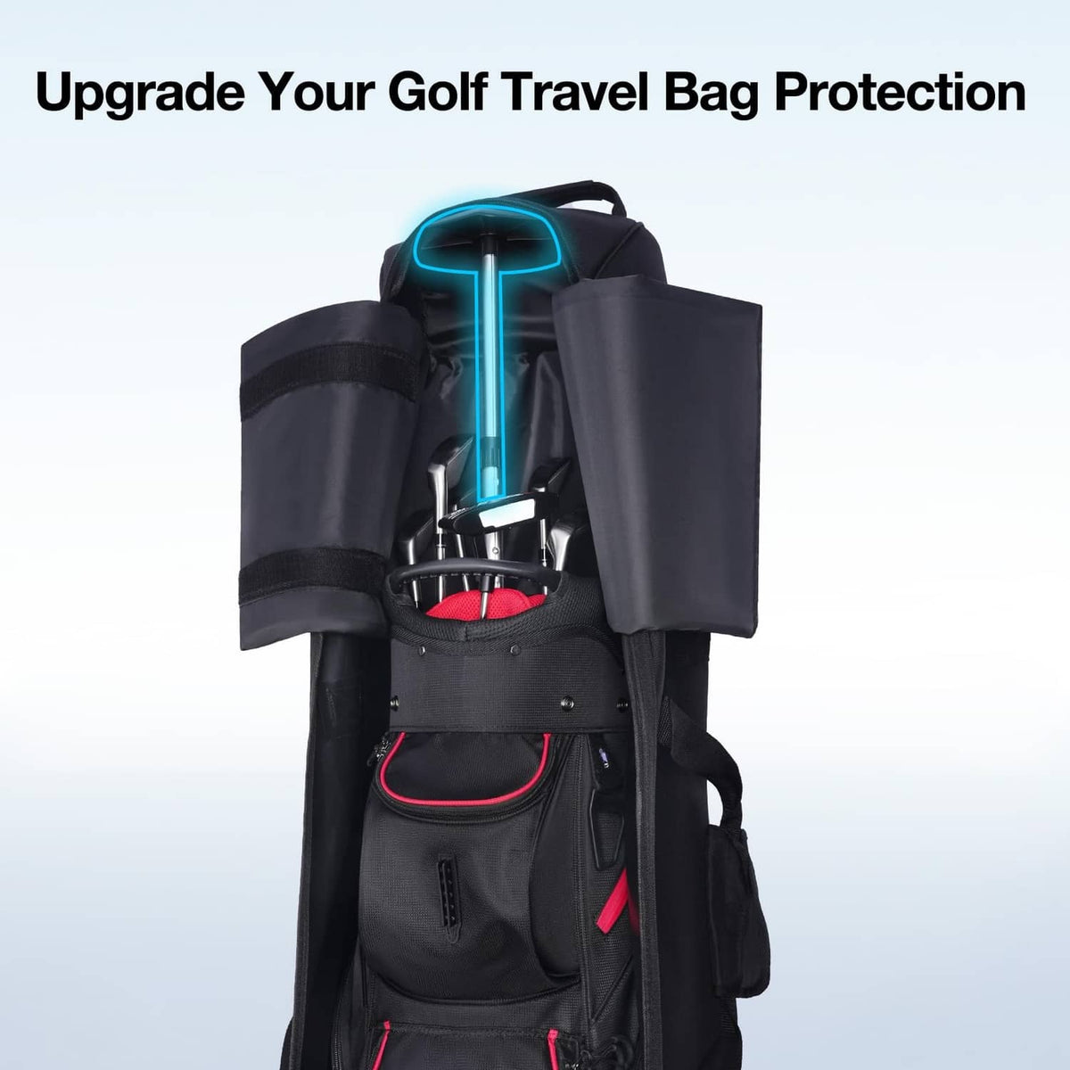 Support pole inside a black golf travel bag to keep the bag upright