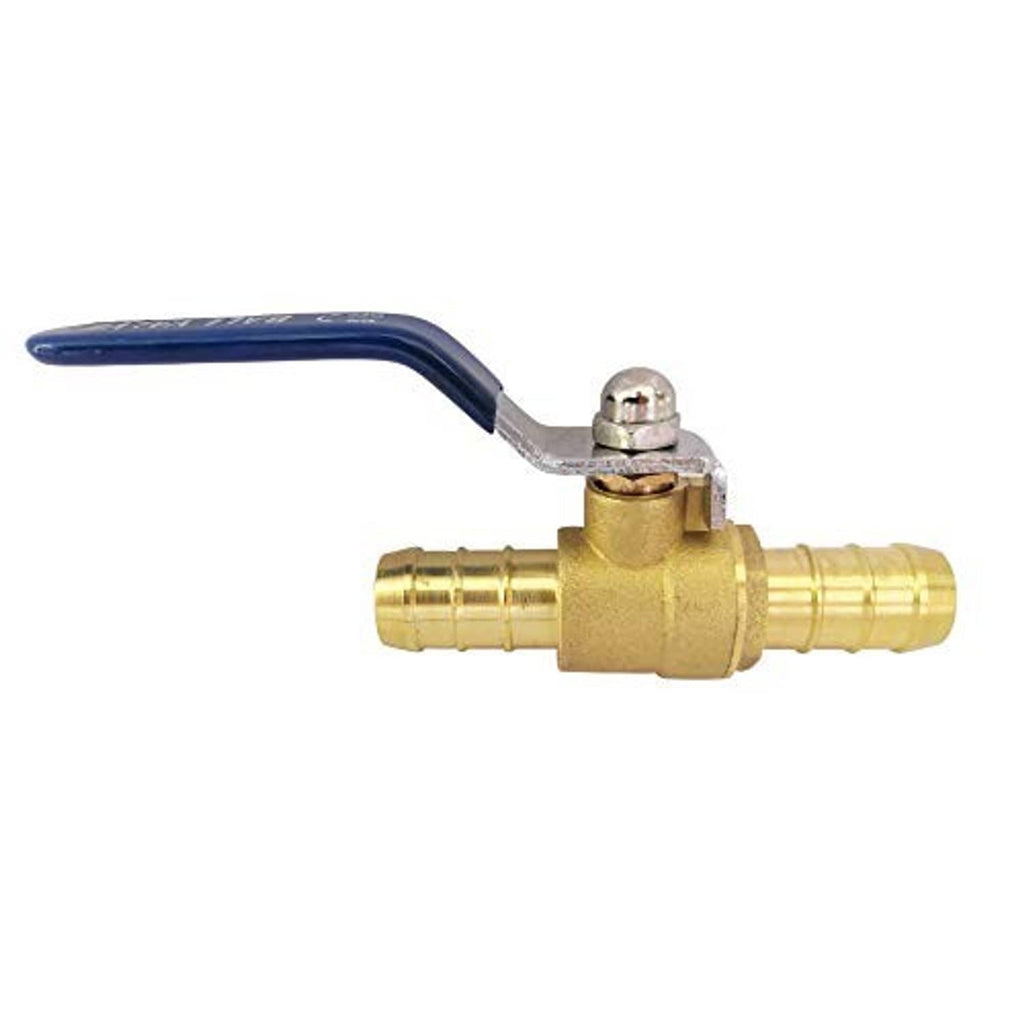 Brass ball valve hose shut-off with blue lever handle and two barbed fittings