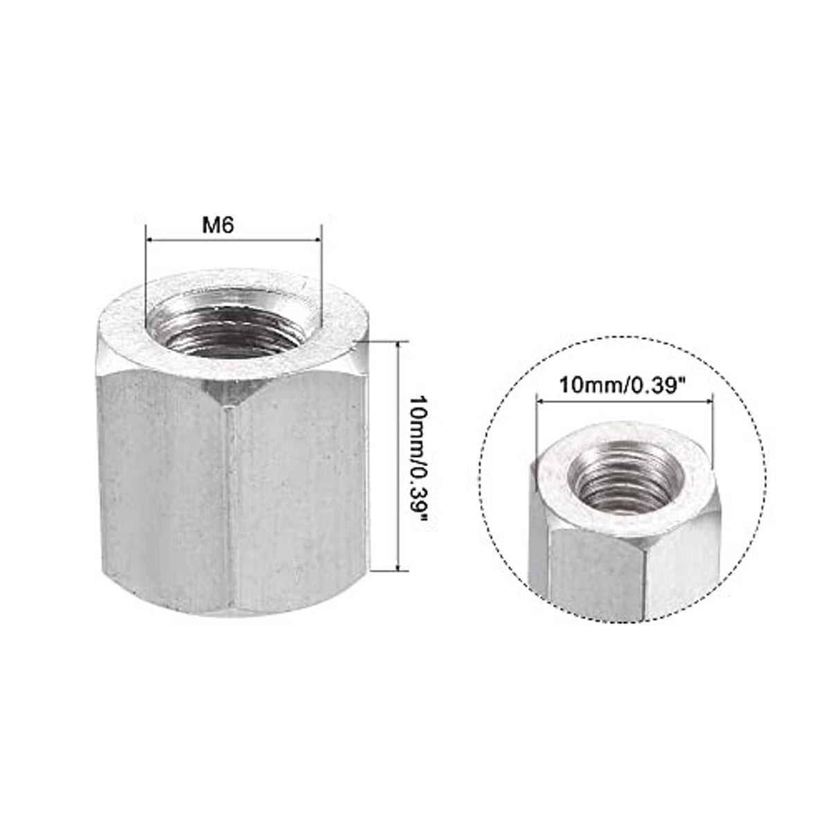 M6 x 1.0 pitch stainless hex coupling, 10mm length, interior thread, hex sides