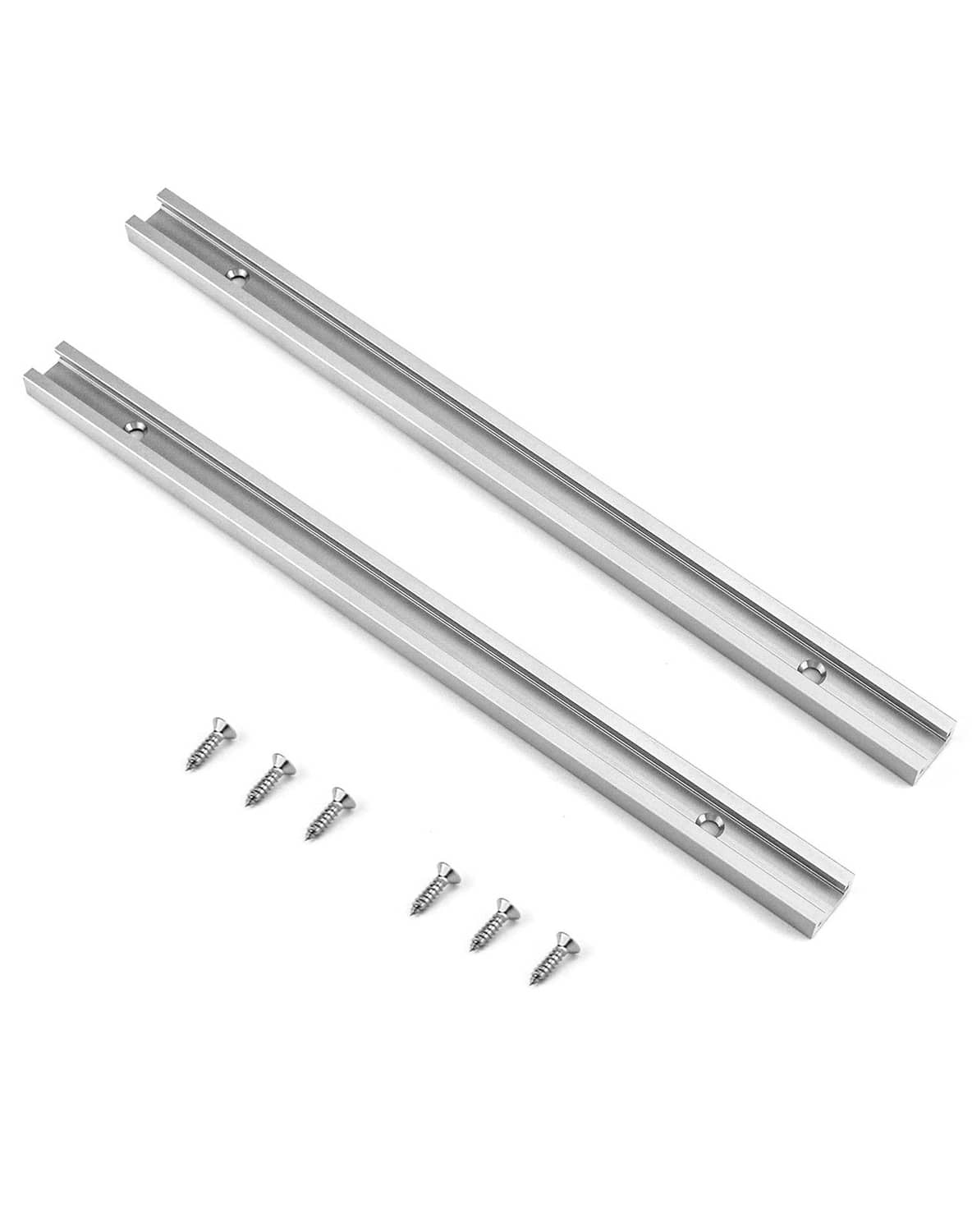 Two silver aluminum T-track rails with matching screws for installation