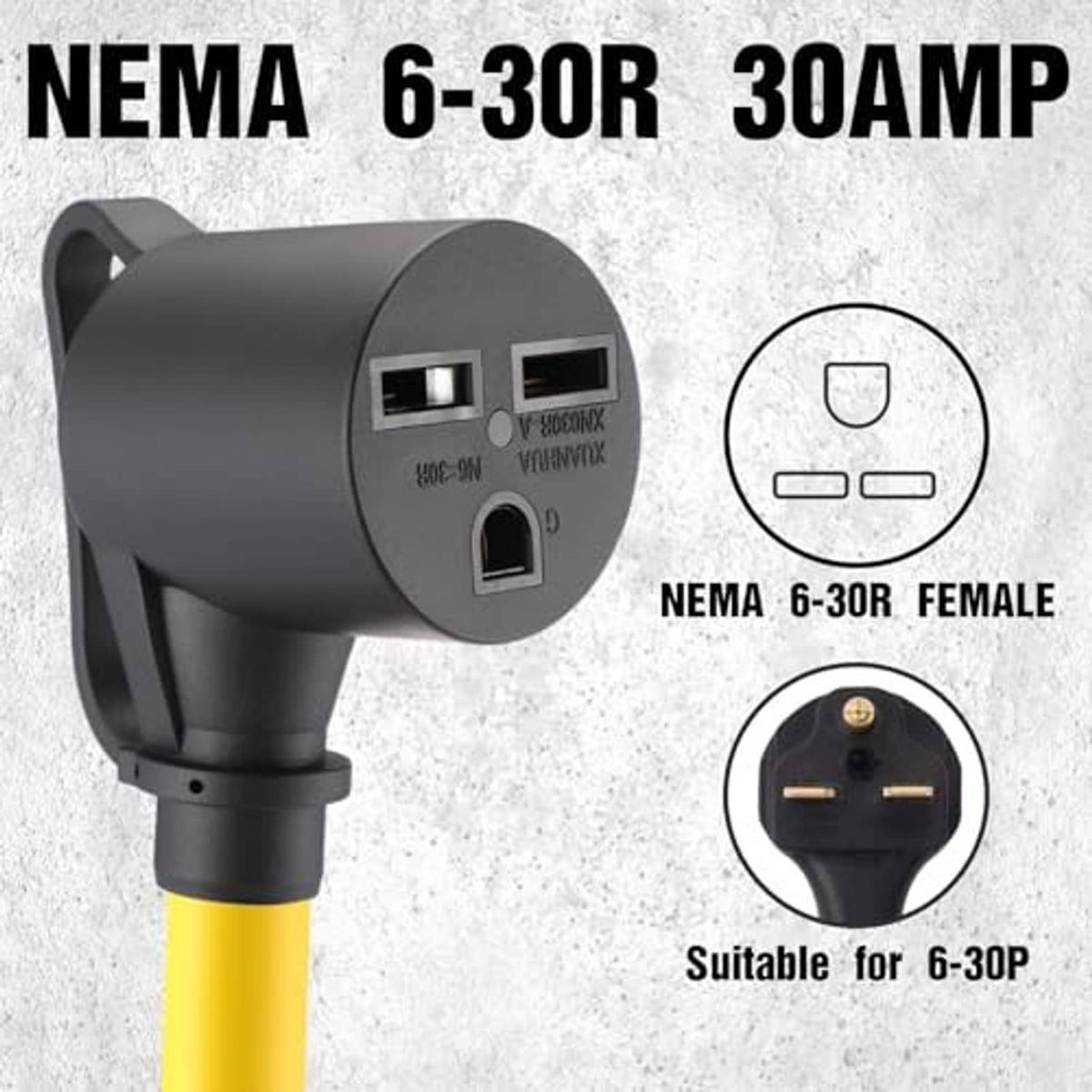 NEMA 6-30R female connector end of welder adapter cord with black housing and yellow cable