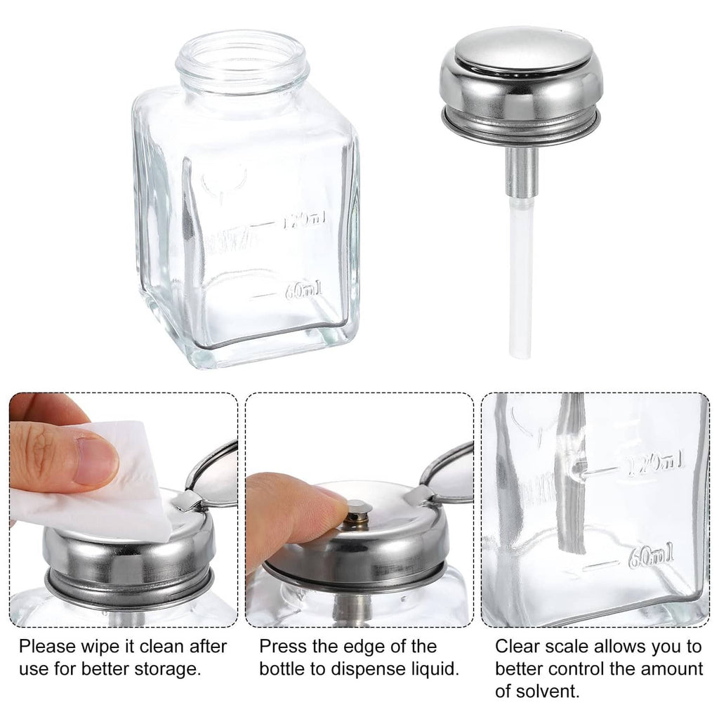 Clear glass dispenser bottle with metal push-down pump, refillable liquid spout