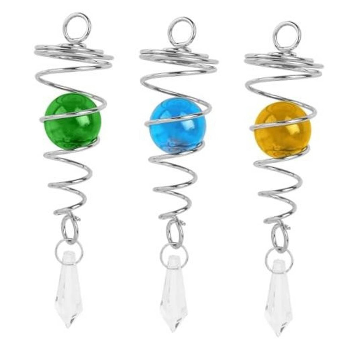 3-pack gazing ball wind spinners: green, blue, yellow glass balls with crystal drops