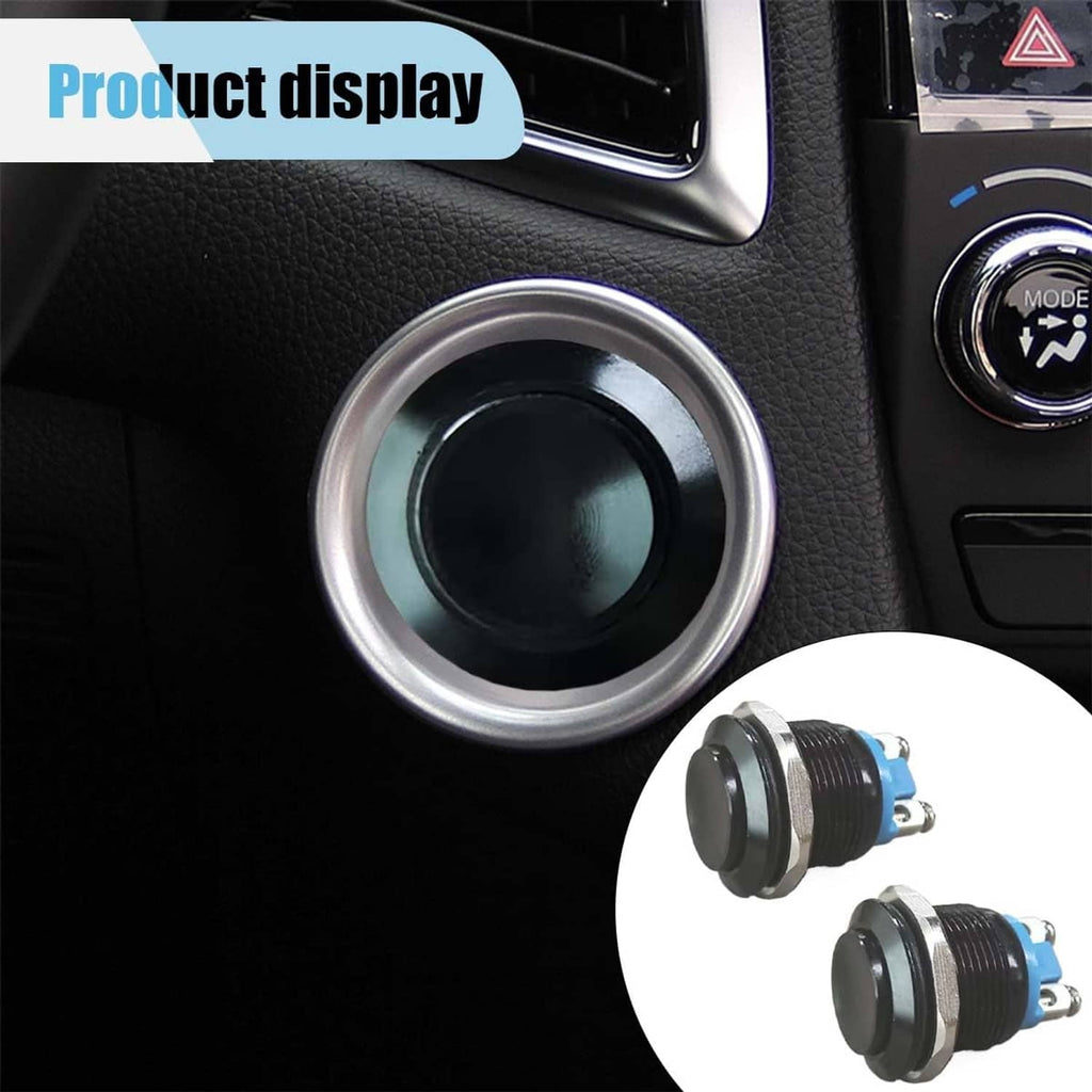 Round push button switch with black housing, blue contacts, and silver bezel ring