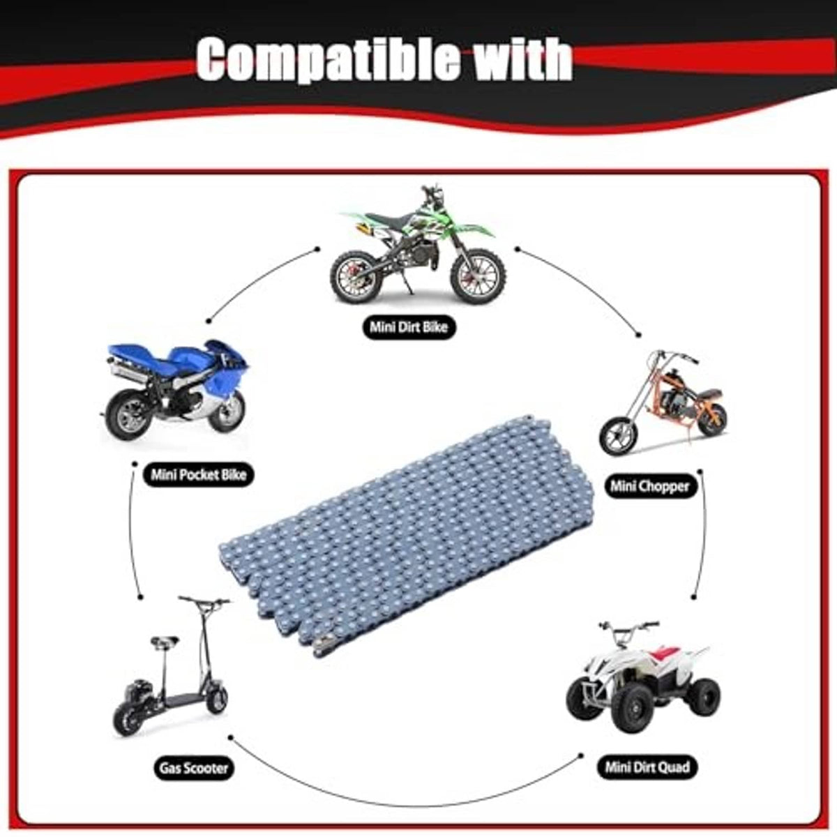 Blue roller drive chain strip with small bike compatibility icons