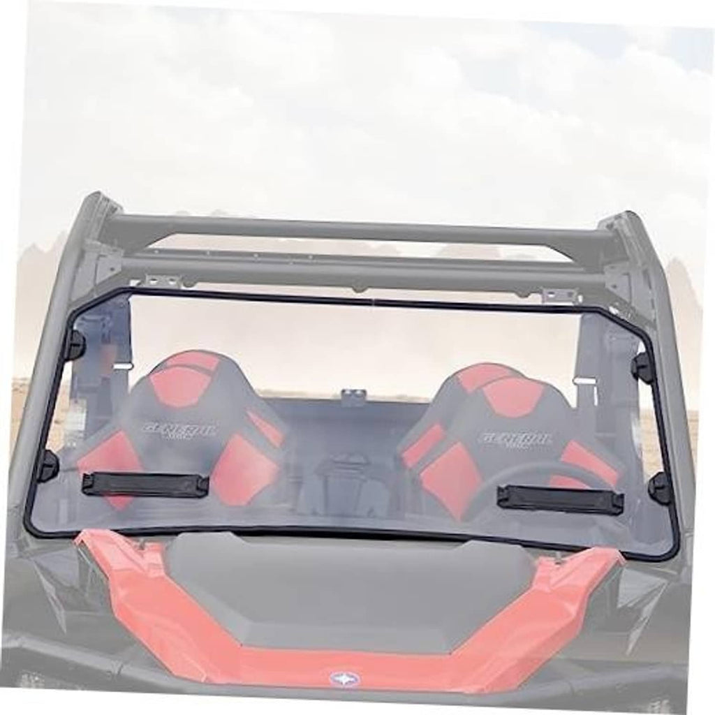 Front windshield assembly with clear screen and black mounting brackets