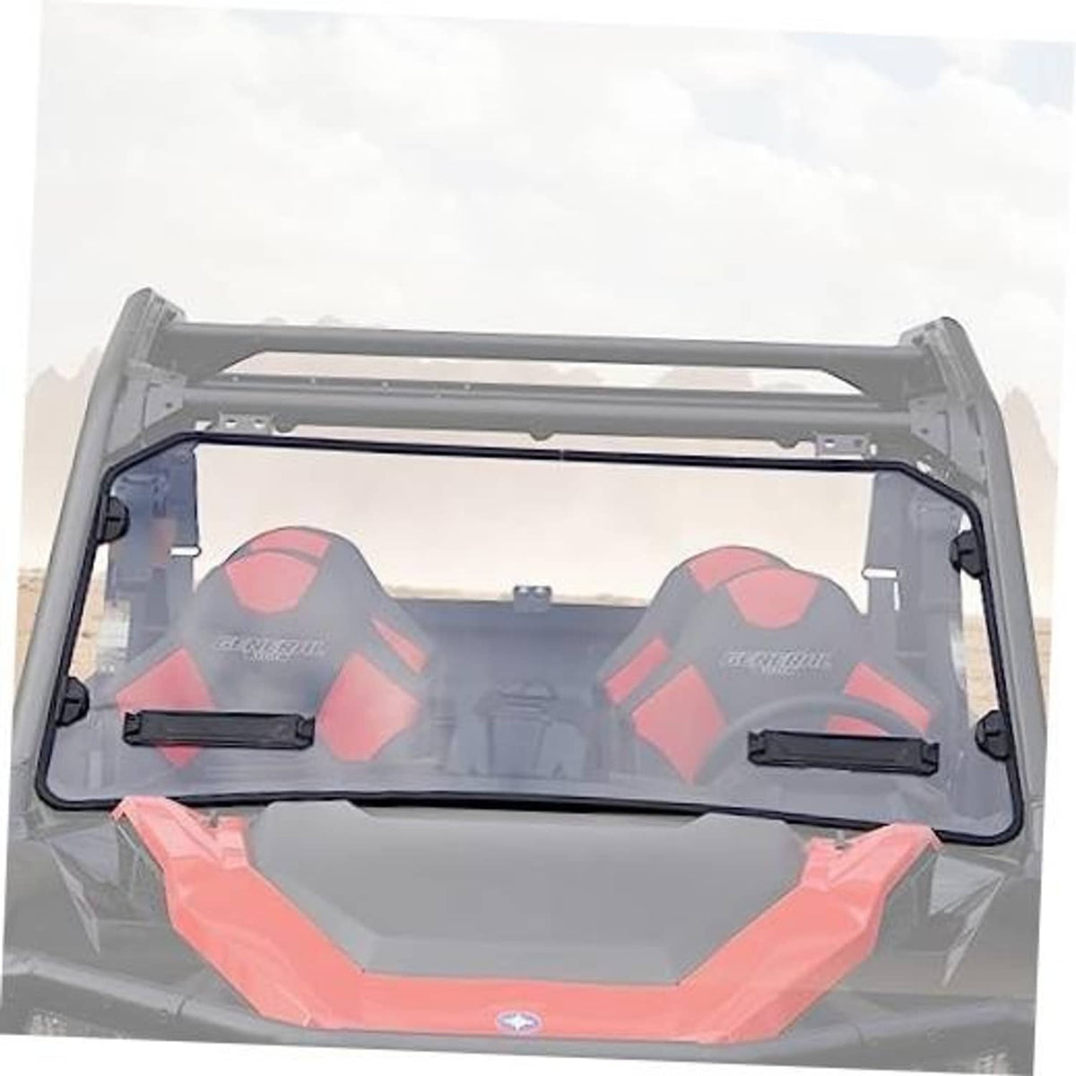 Front windshield assembly with clear screen and black mounting brackets