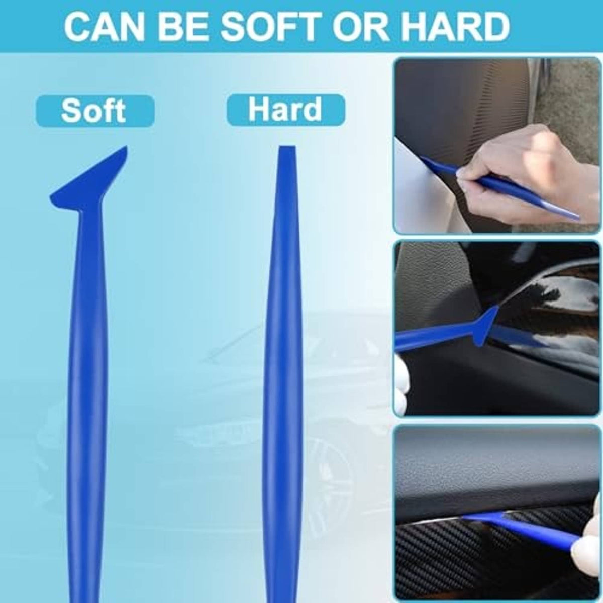 Blue edge tool for applying window tint, shown in soft and firm use