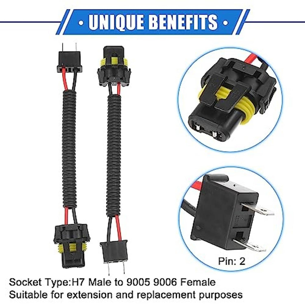 Headlight and fog light extension wire harnesses showing male and female sockets with yellow trim