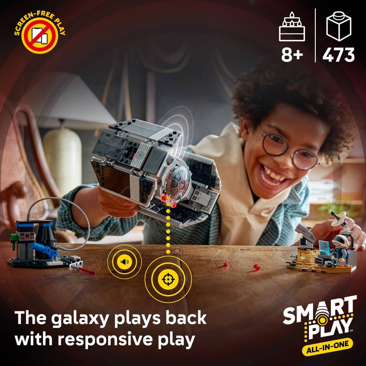 LEGO Star Wars TIE Fighter SMART Play set on table with minifigures and parts