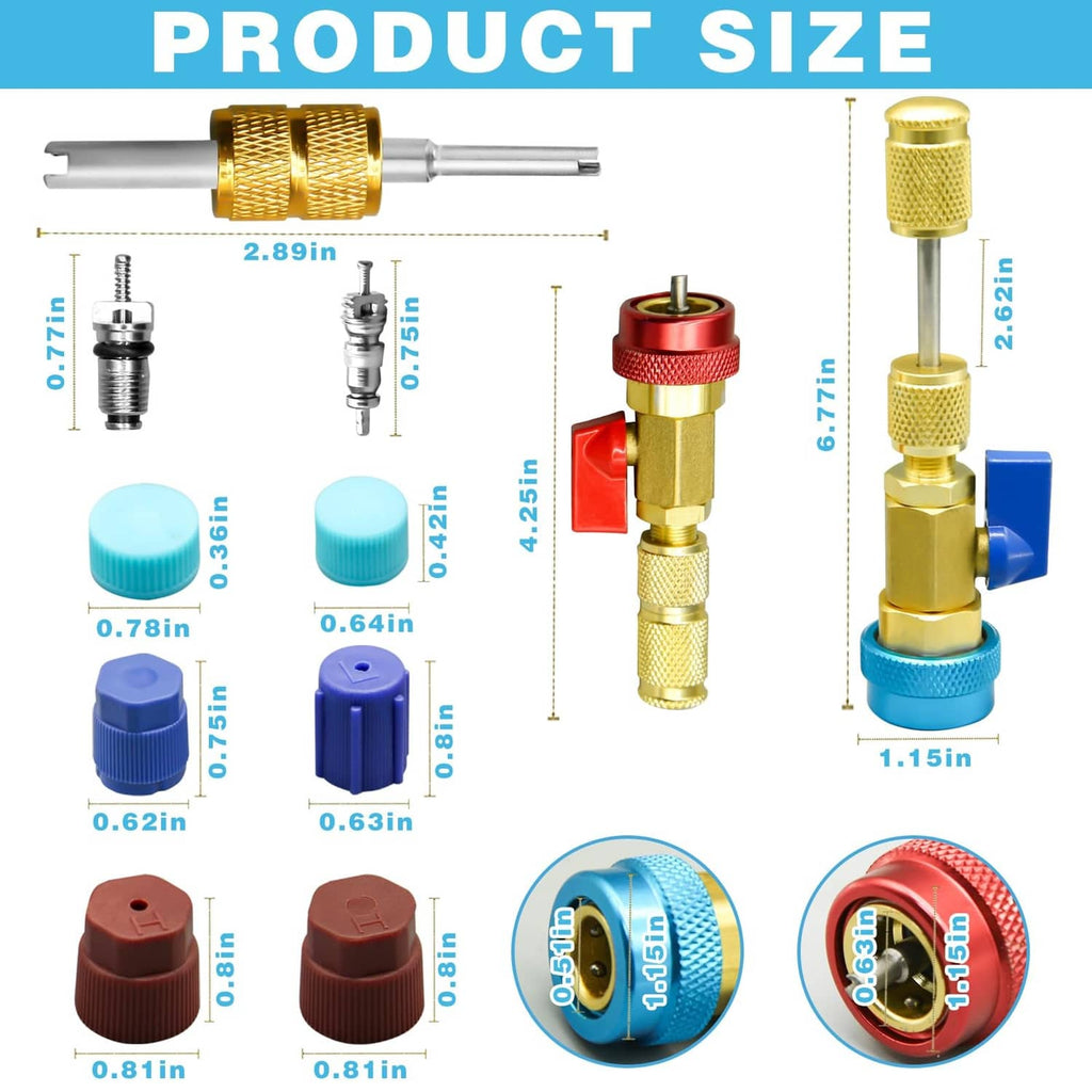 Brass valve core remover and AC quick couplers with included blue and red valve caps