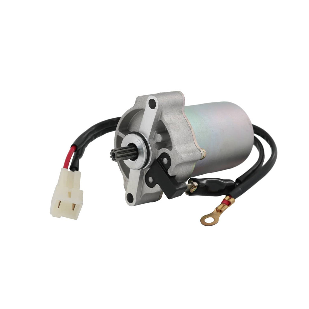 Starter motor with metal housing and solenoid, featuring black wire harness and ring terminal