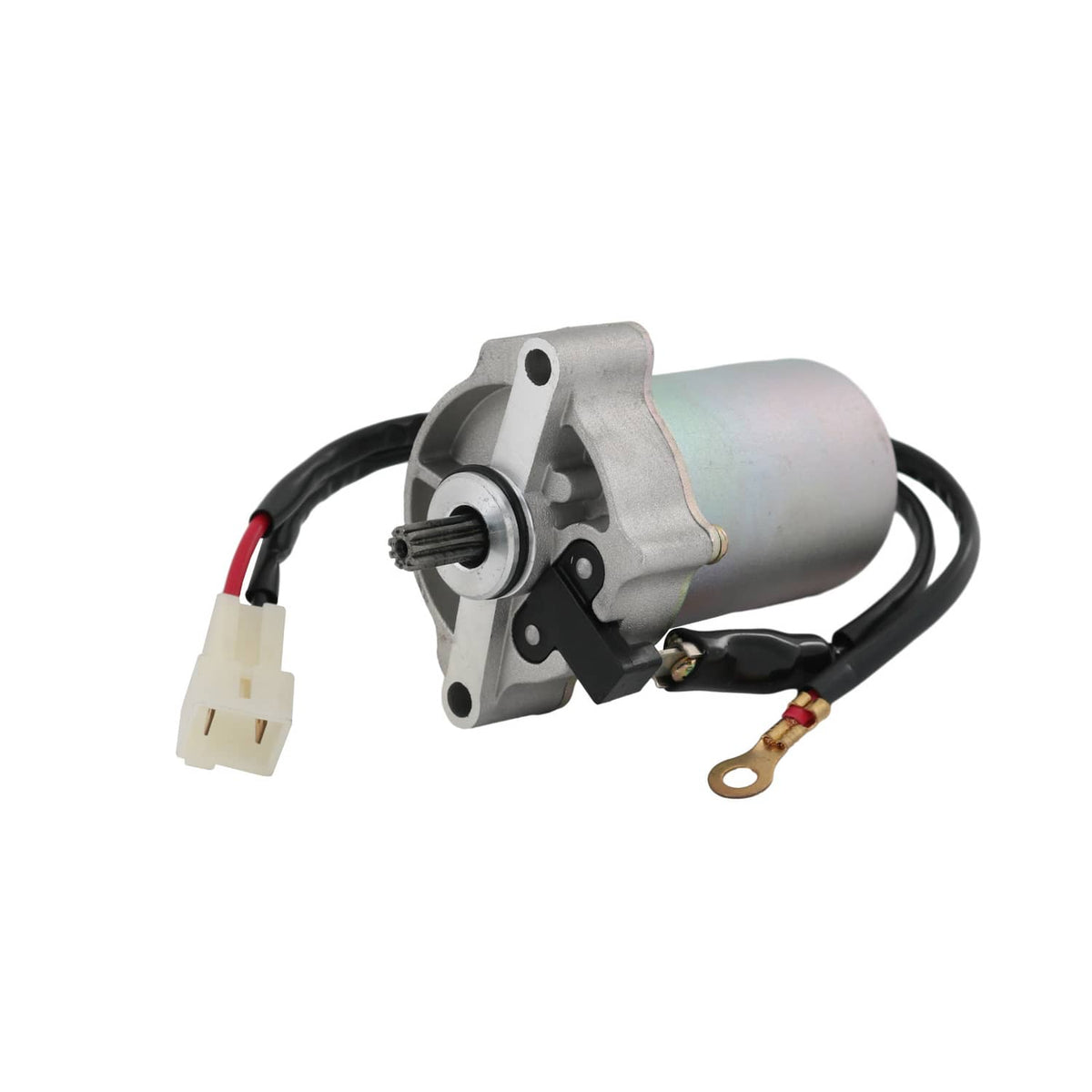 Starter motor with metal housing and solenoid, featuring black wire harness and ring terminal
