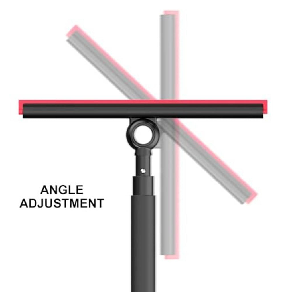 Adjustable shower squeegee head with black handle and red-edged blade, angle adjustment icon