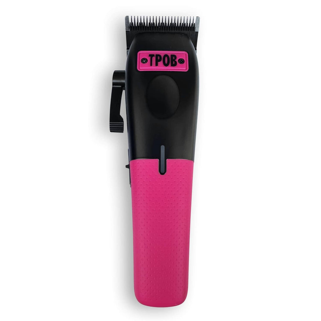 Men's hair clipper with black body and pink textured grip, front blade upward