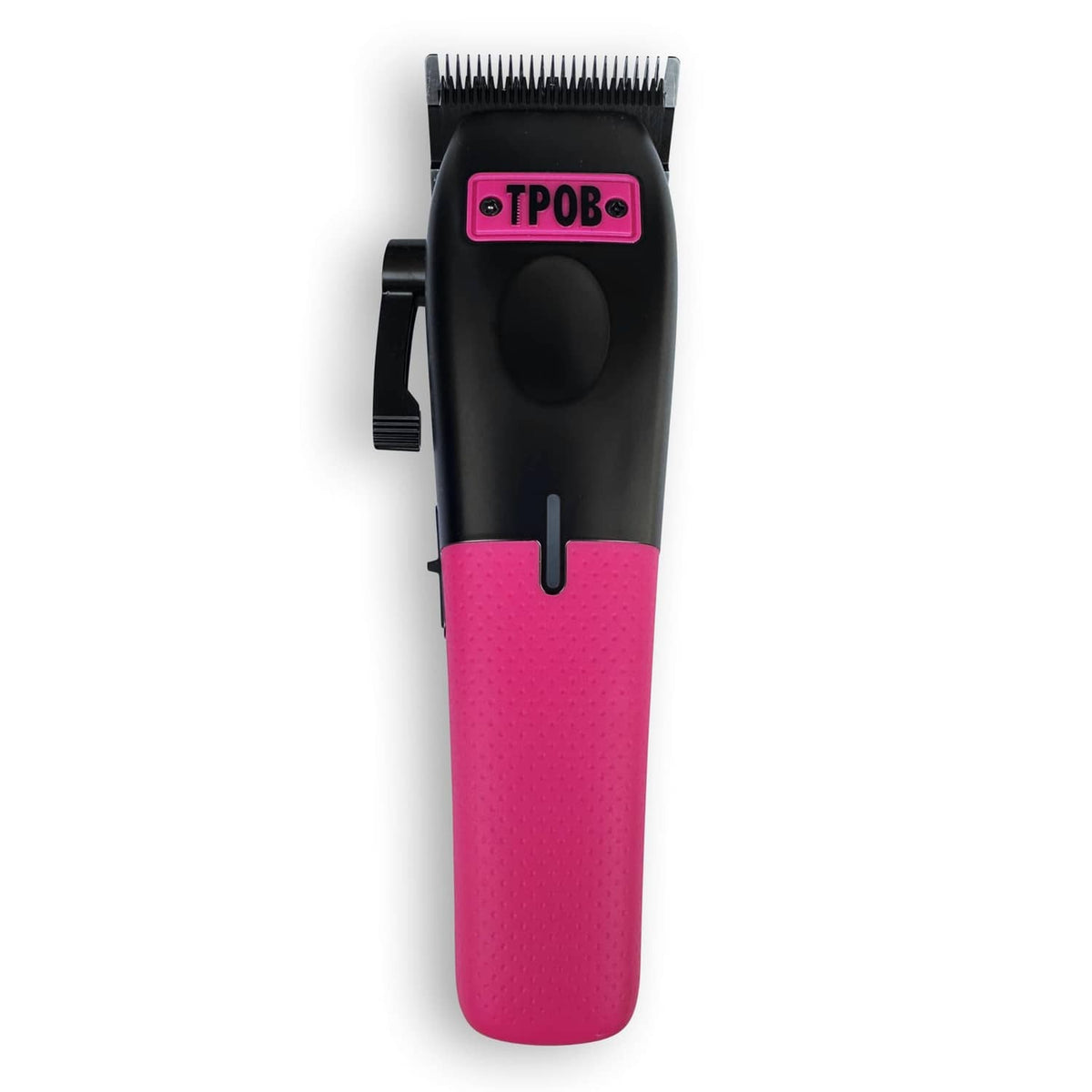 Men's hair clipper with black body and pink textured grip, front blade upward