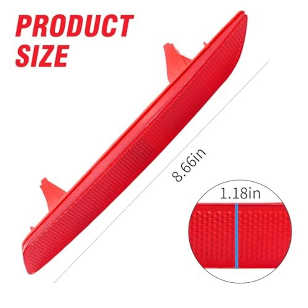 Red rear bumper reflector light with textured lens pattern, shown with size marking