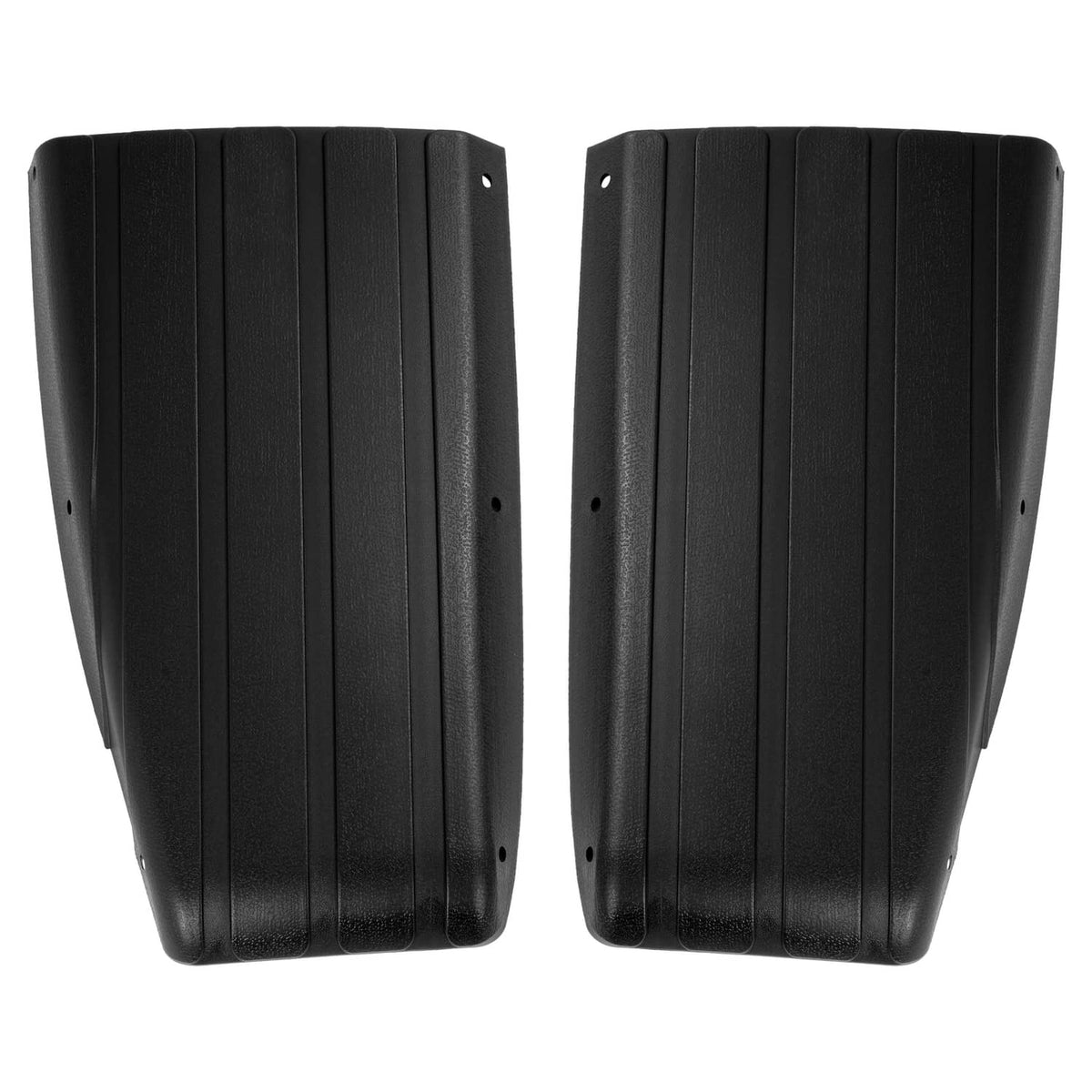 Two black scuff guards side view, ribbed panels with small mounting holes