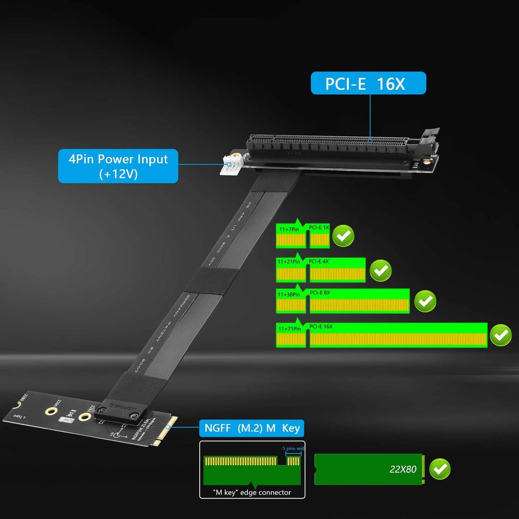 Black M.2 NGFF to PCIe x16 riser card with long ribbon and internal power header