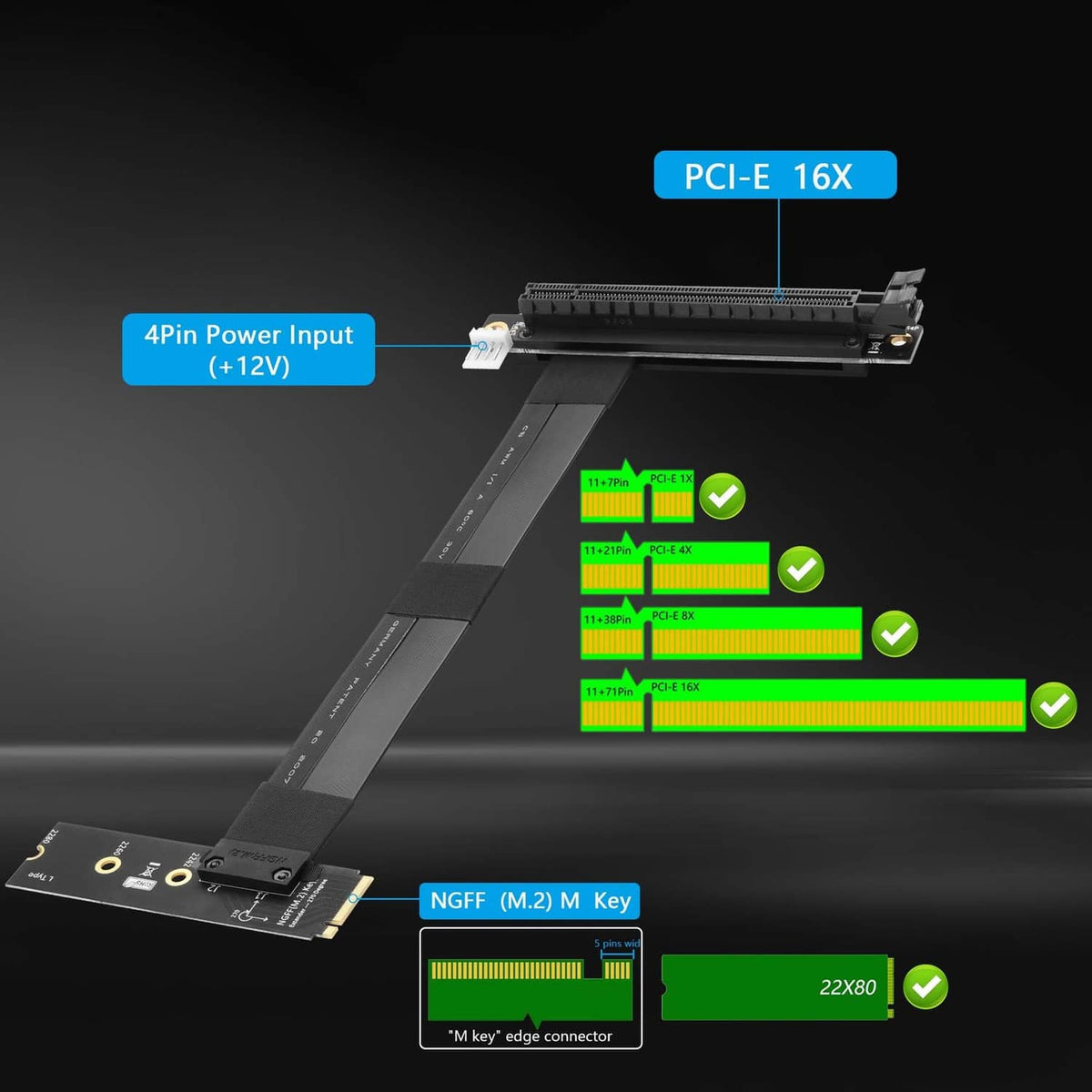 Black M.2 NGFF to PCIe x16 riser card with long ribbon and internal power header