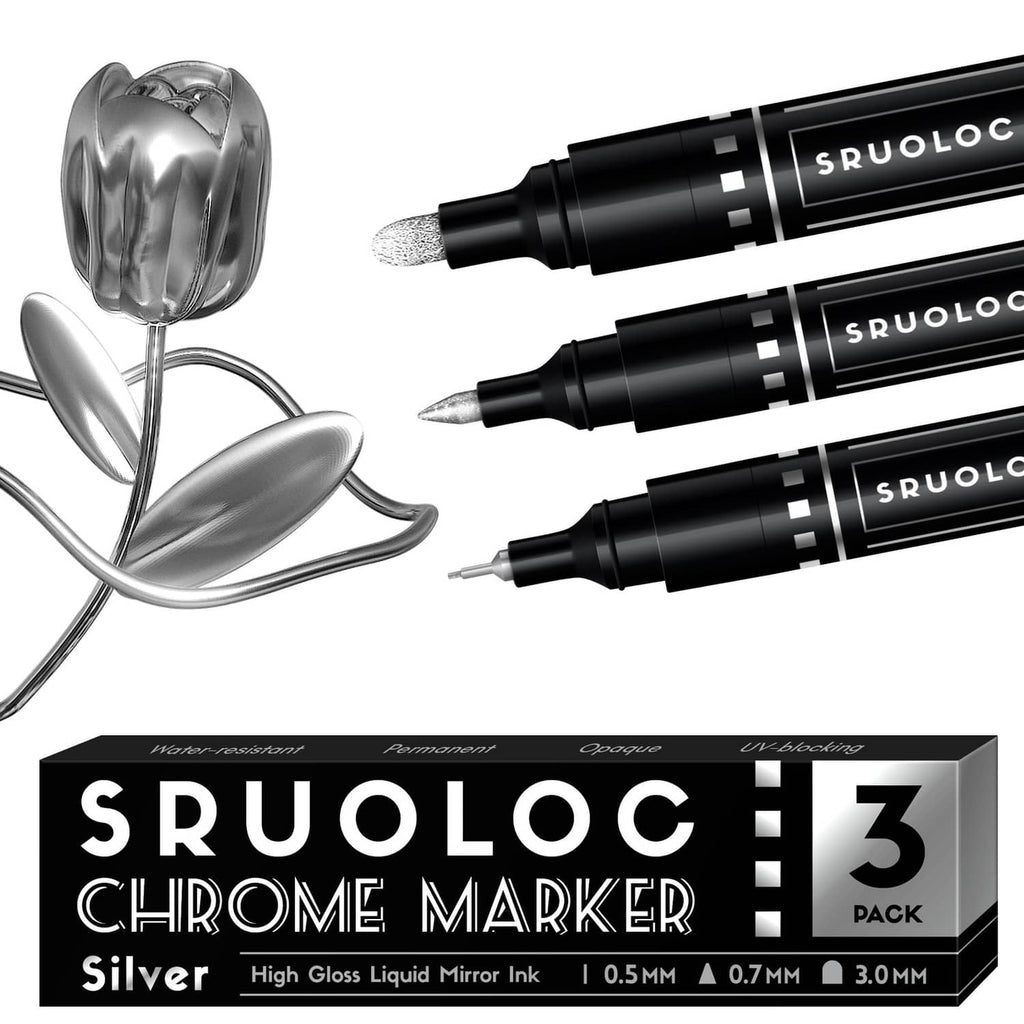 Three liquid chrome paint markers with silver caps and tips, 3-pack for mirror writing
