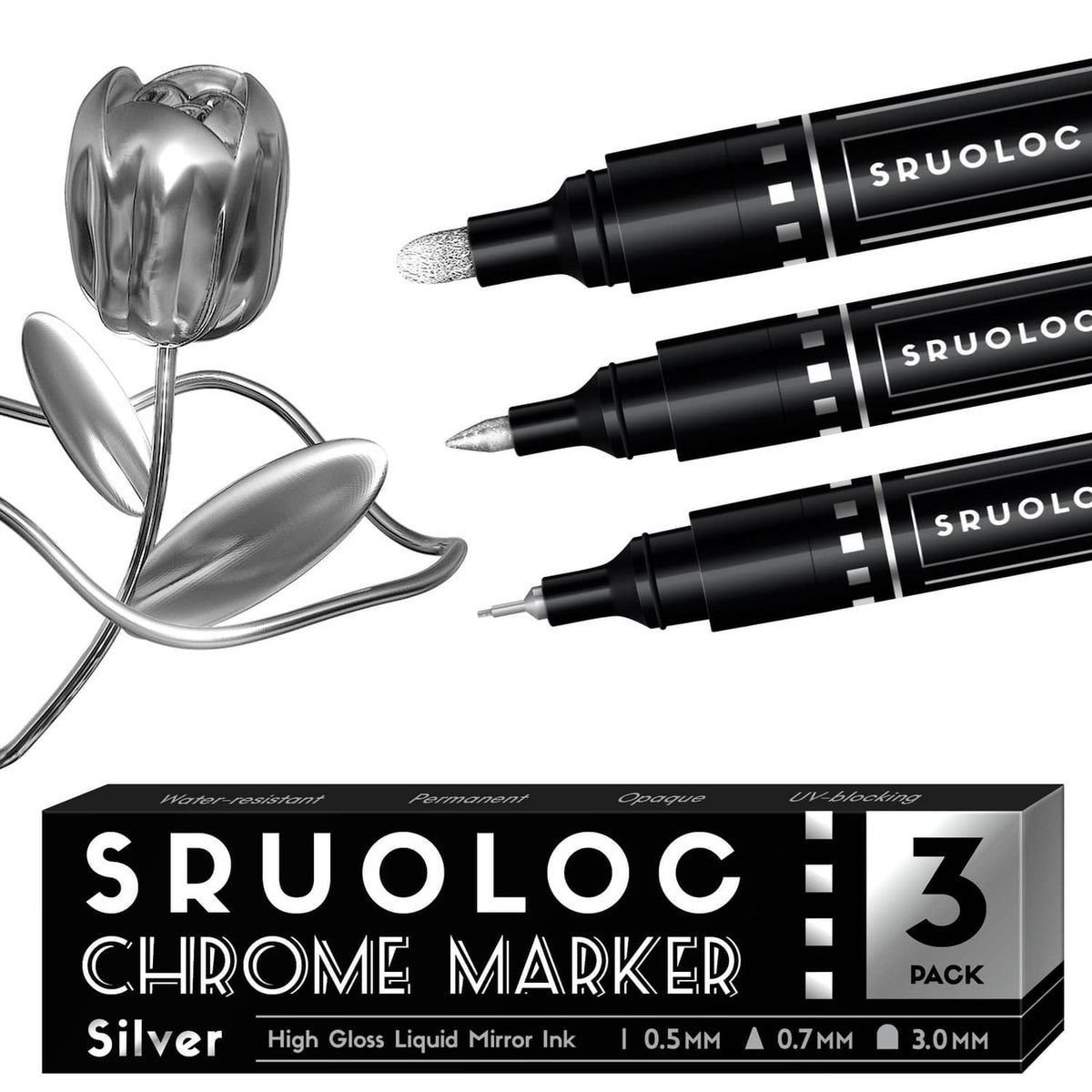 Three liquid chrome paint markers with silver caps and tips, 3-pack for mirror writing