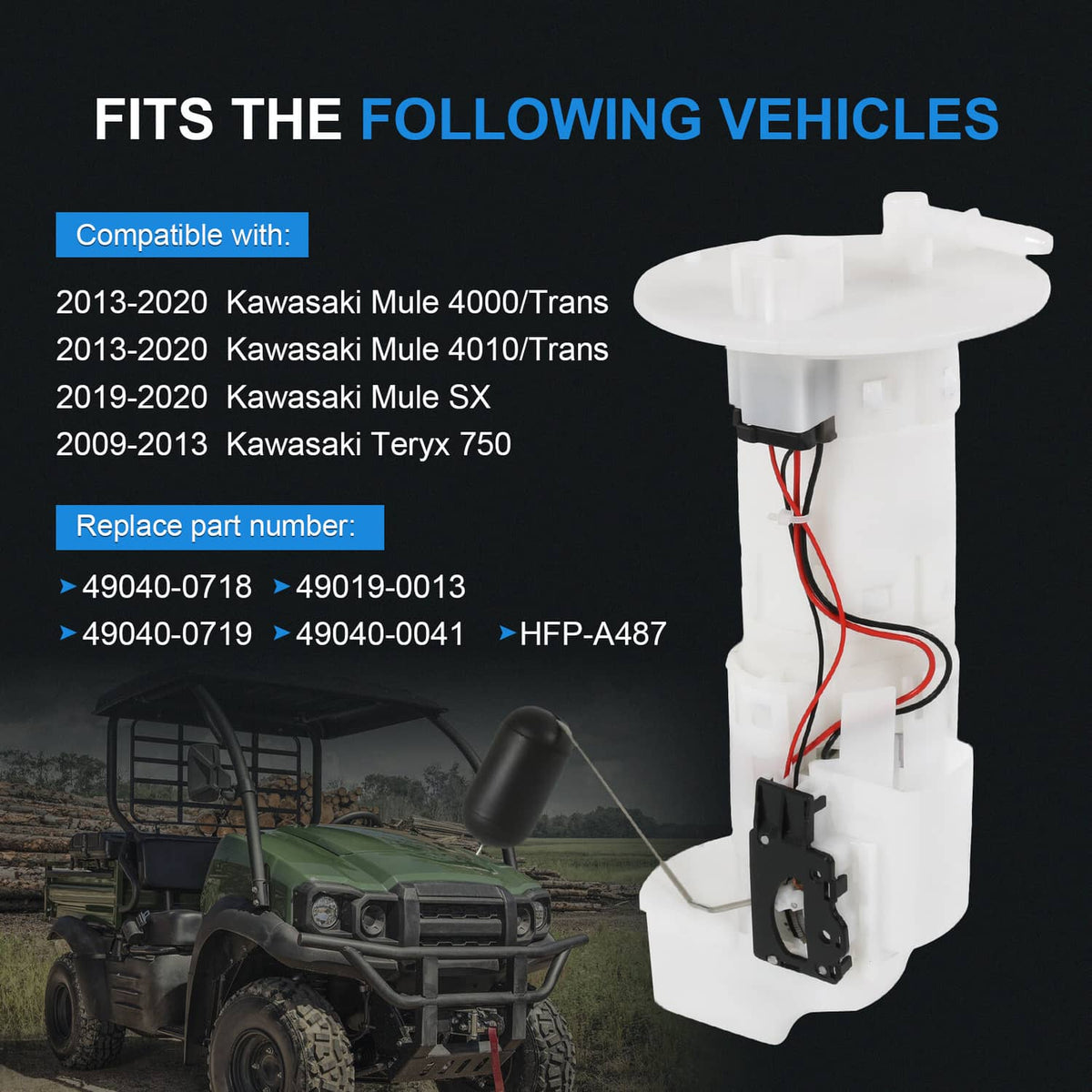 Fuel pump module with white housing and black float sensor on top, visible wiring