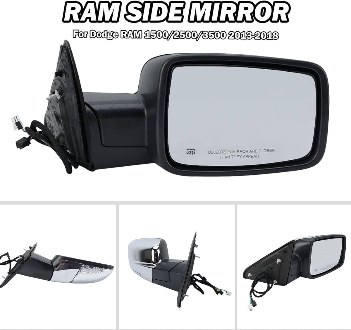 Right side mirror assembly with clear glass, black cover, and mounting bracket