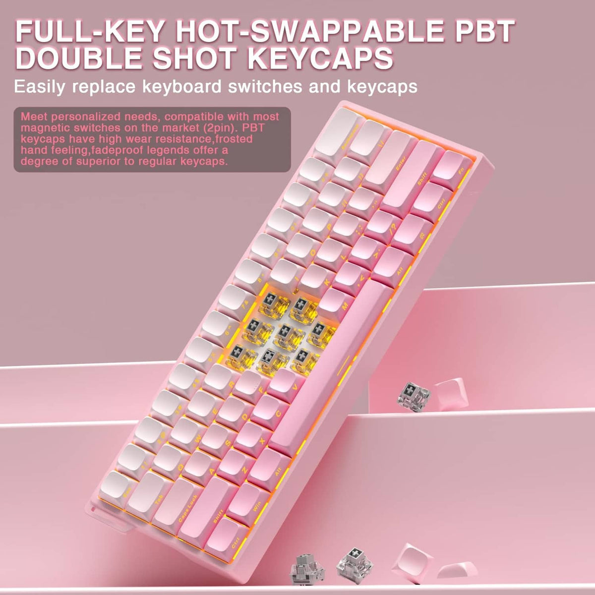 Pink mechanical gaming keyboard with double-shot PBT keycaps and RGB lighting