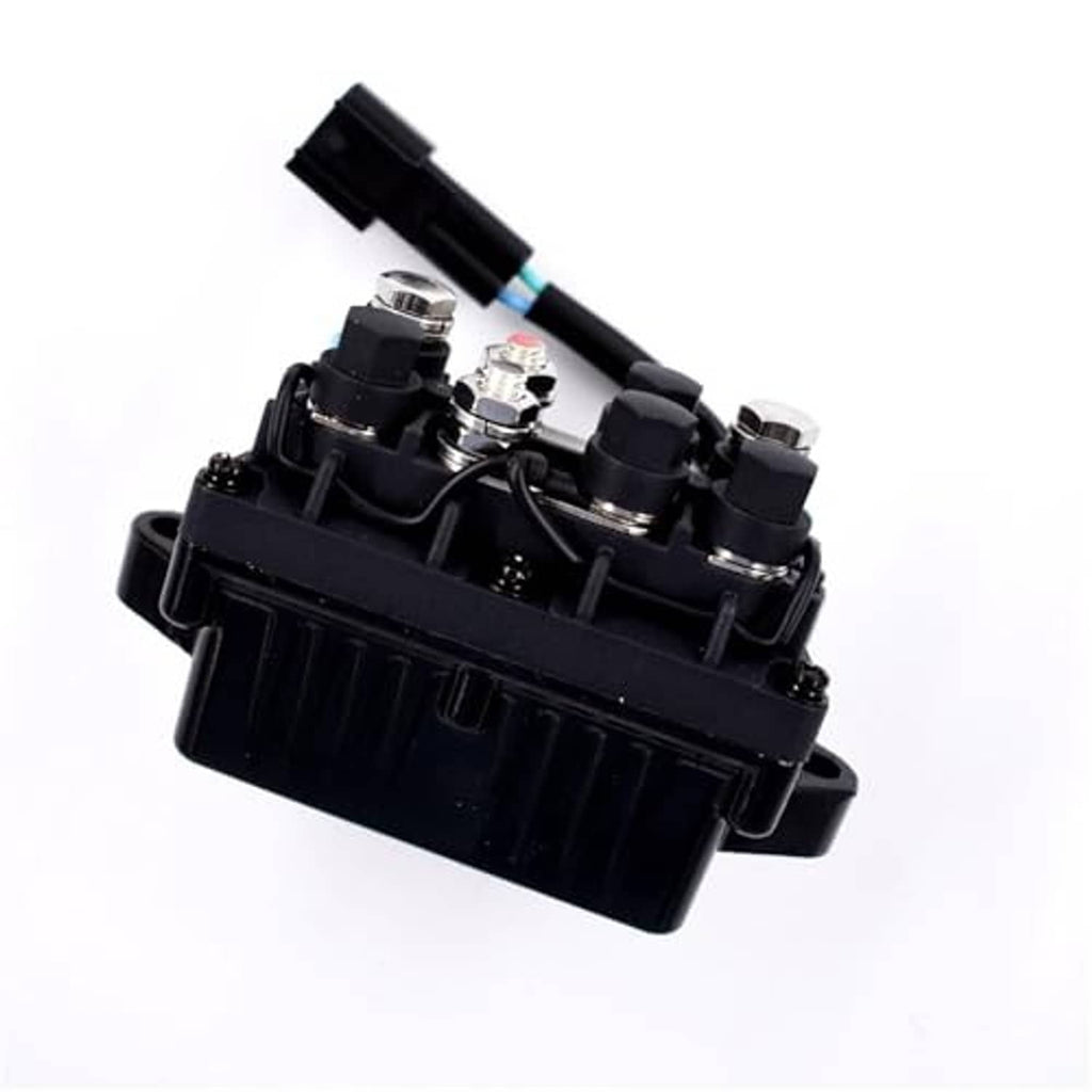 Black relay switch assembly shown from side angle with exposed terminal hardware