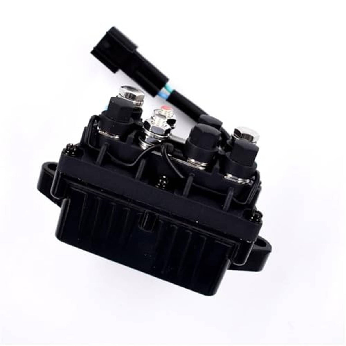 Black relay switch assembly shown from side angle with exposed terminal hardware