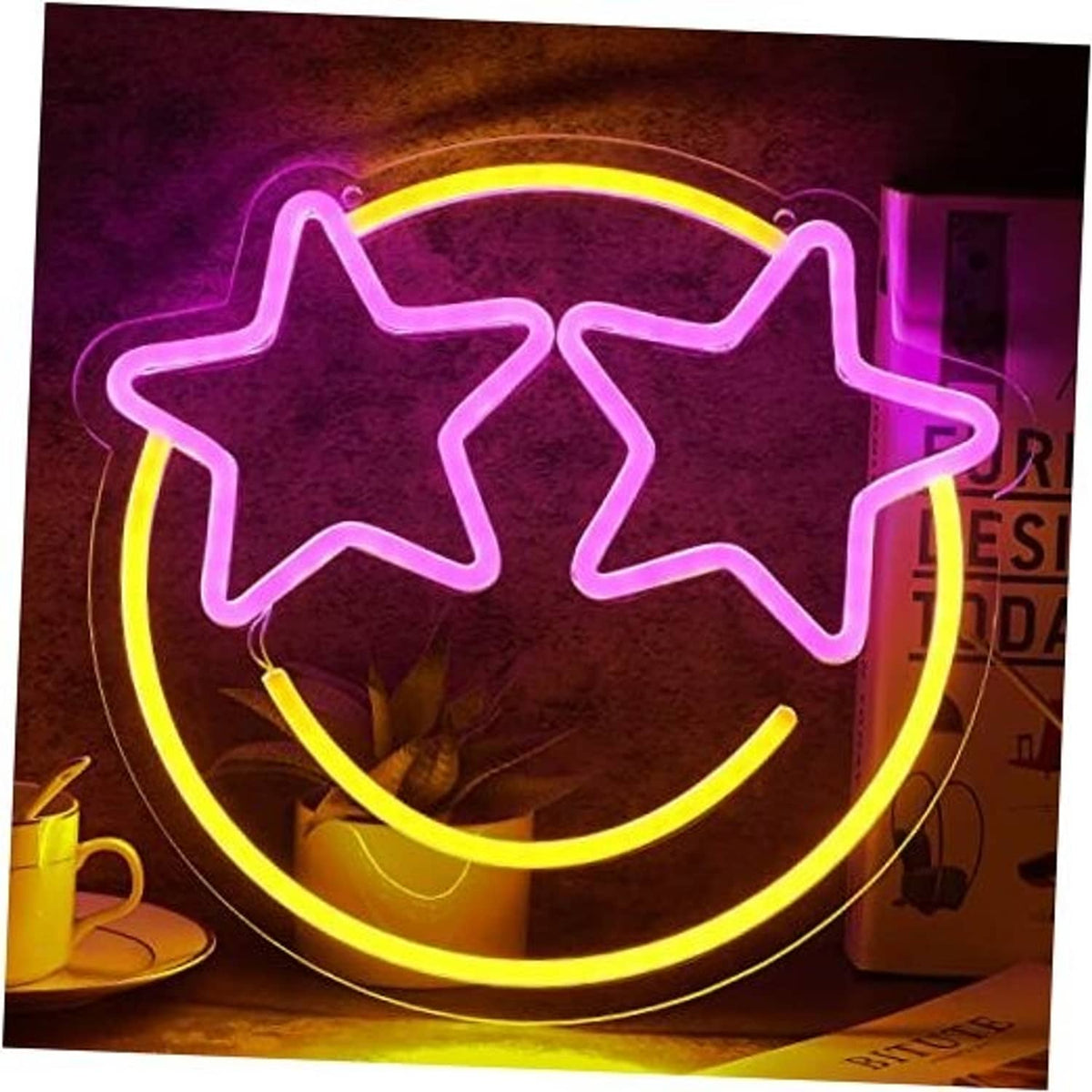 LED neon smiley face with two purple stars, yellow outline, glowing wall decor
