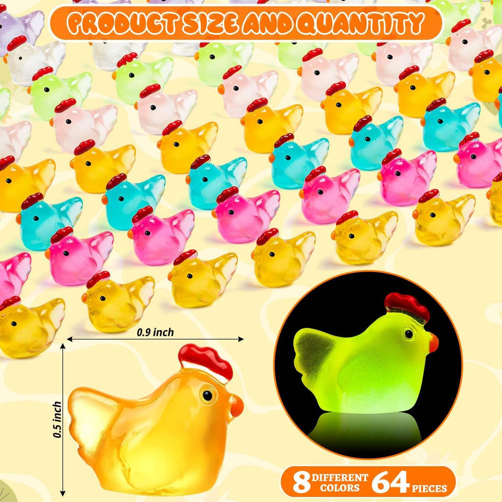 Assorted luminous mini chicken figurines, small colorful chicks with red combs