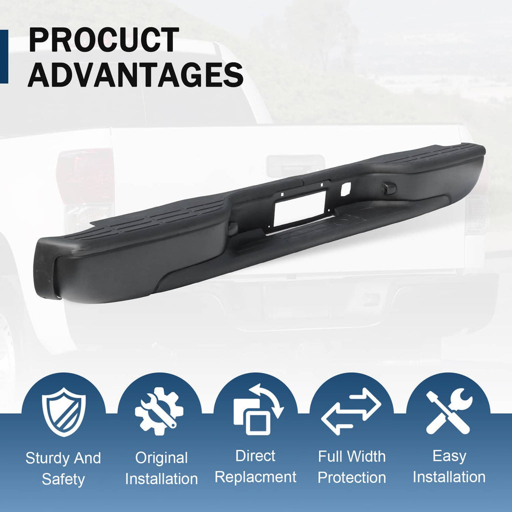 Black rear step bumper profile with textured step and center license plate opening