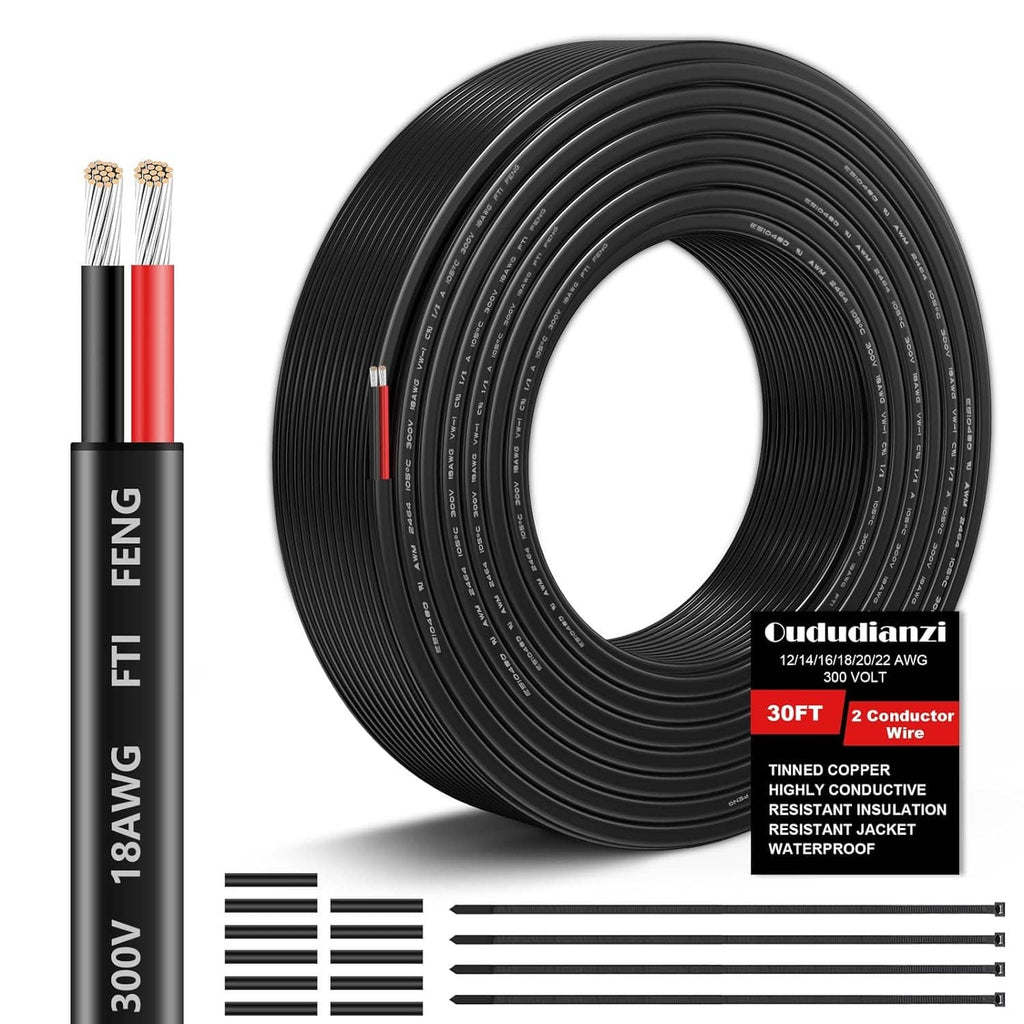 Two-conductor electrical wire reel, black jacket with red conductor strands.
