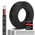 Two-conductor electrical wire reel, black jacket with red conductor strands.
