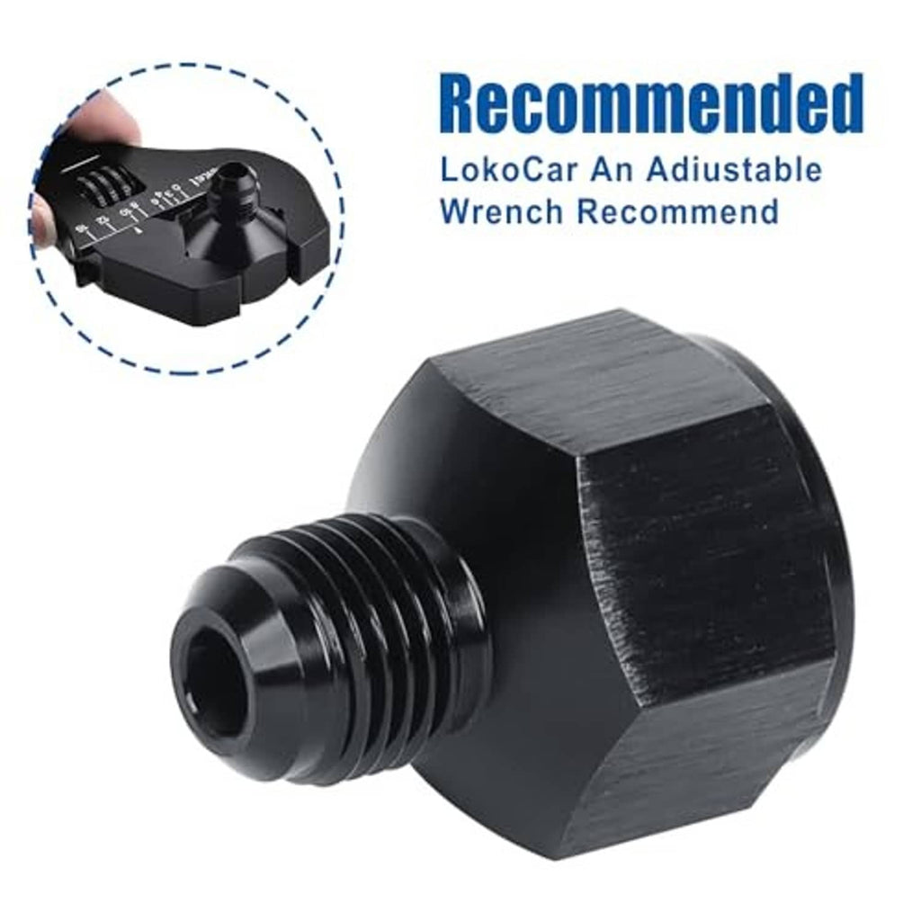 Black aluminum flare reducer adapter, angled view with wrench-flat hex head