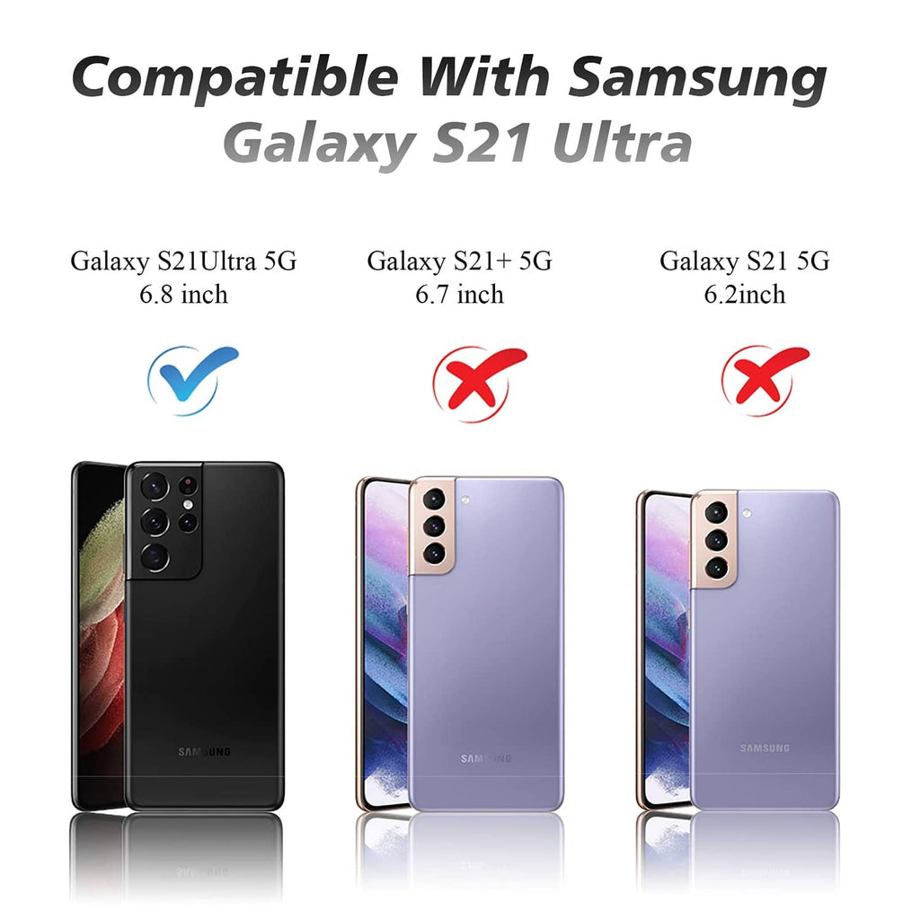 Compatibility infographic for Samsung Galaxy S21 Ultra camera lens protector