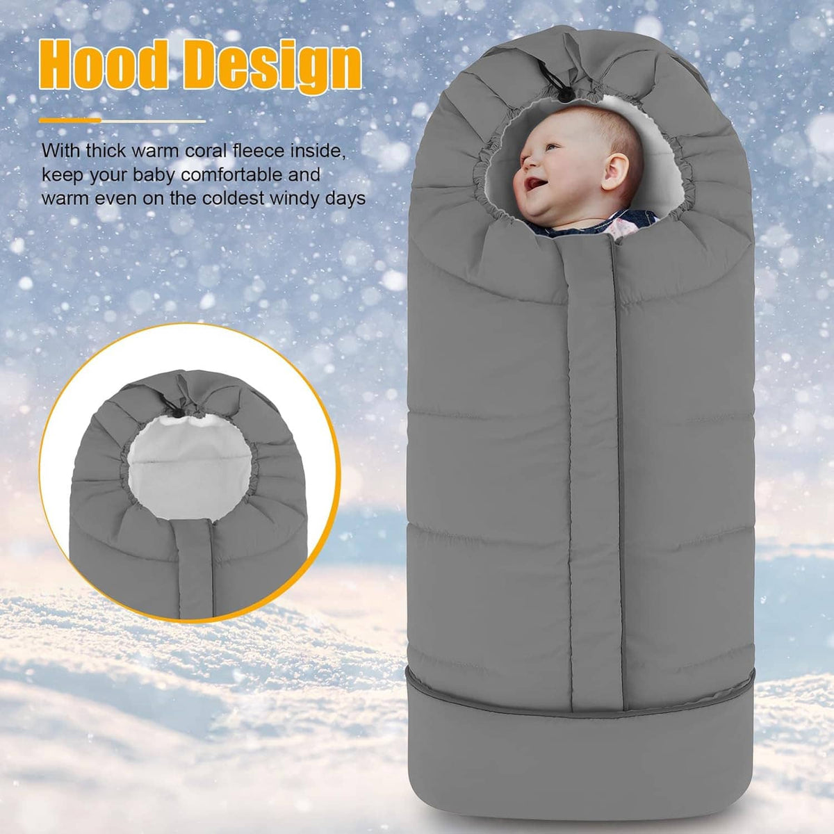 Gray winter stroller footmuff with rounded hood and light inner lining