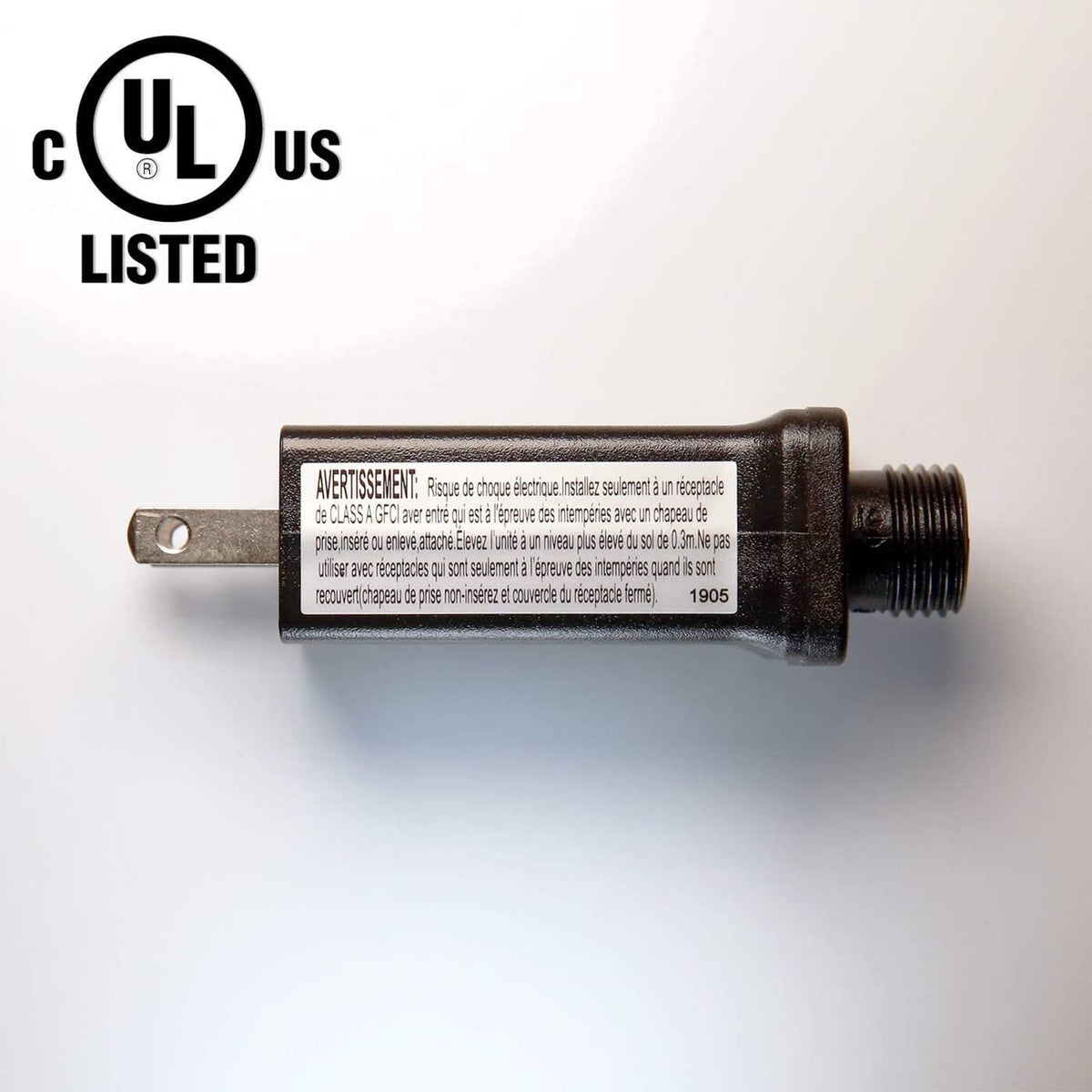 Black LED transformer power supply underside with hanging eyelet and threaded output