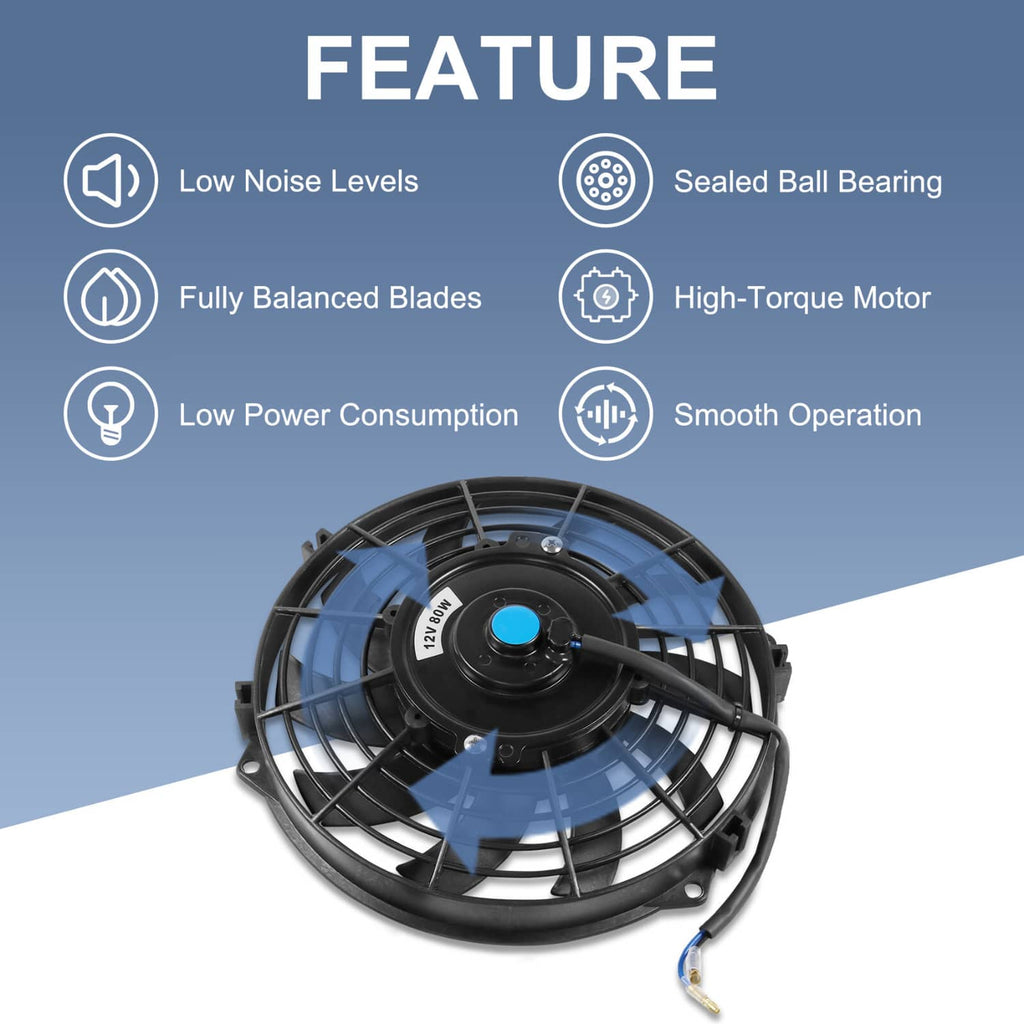 Black radiator cooling fan with blue center hub and attached power wire leads