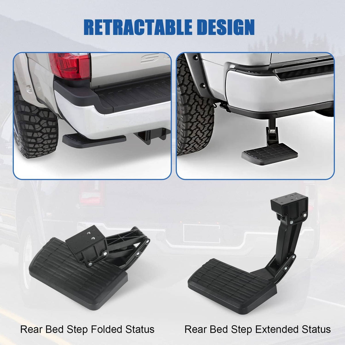 Rear tailgate step in folded and extended positions with black textured anti-slip pad