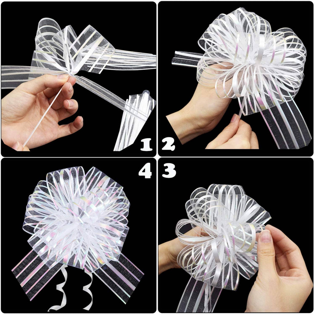 White organza pull bow ribbon with striped tails and gathered rosette, shown in hand