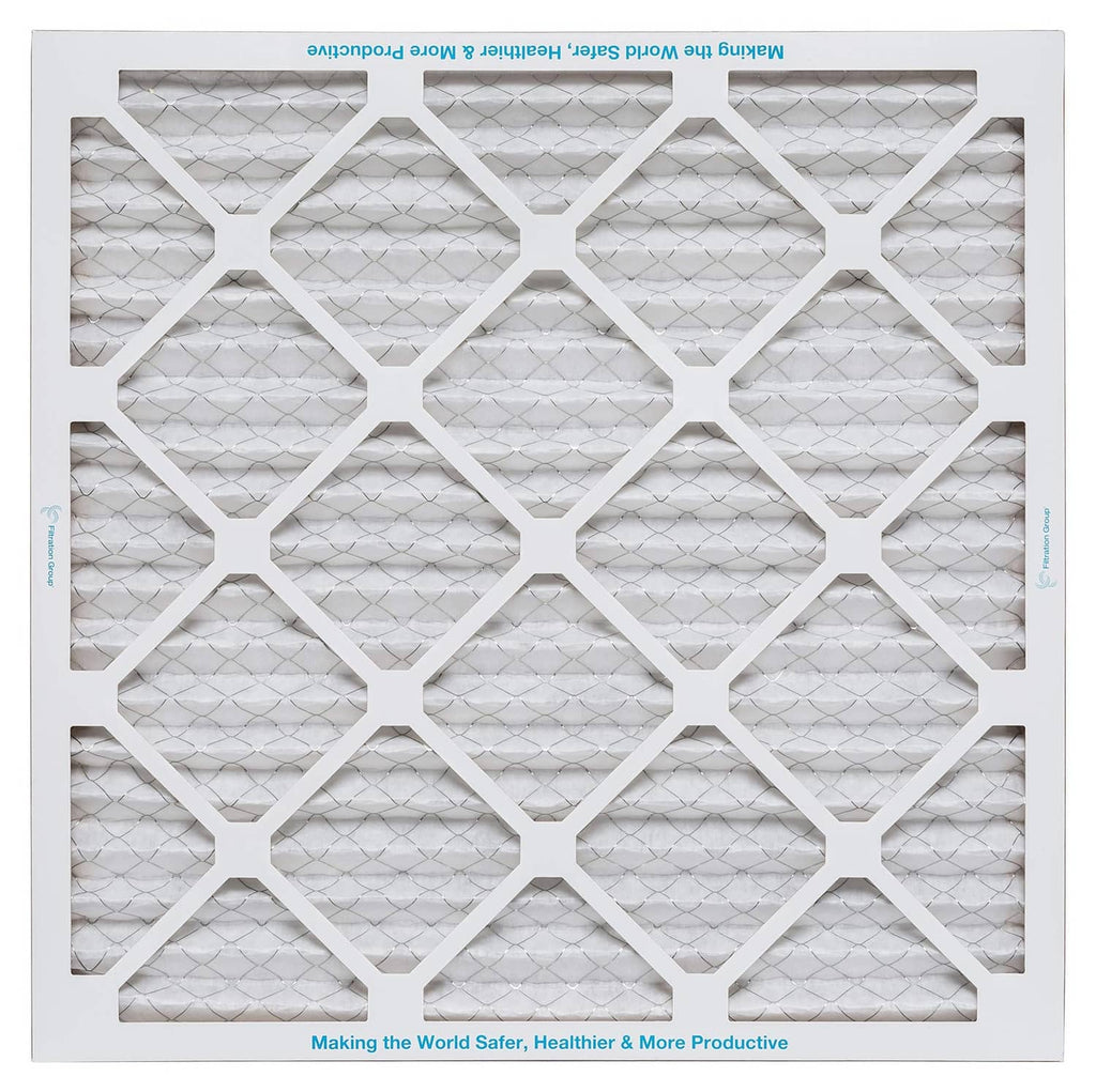 Square air filter with white pleated media and geometric cross-hatch frame