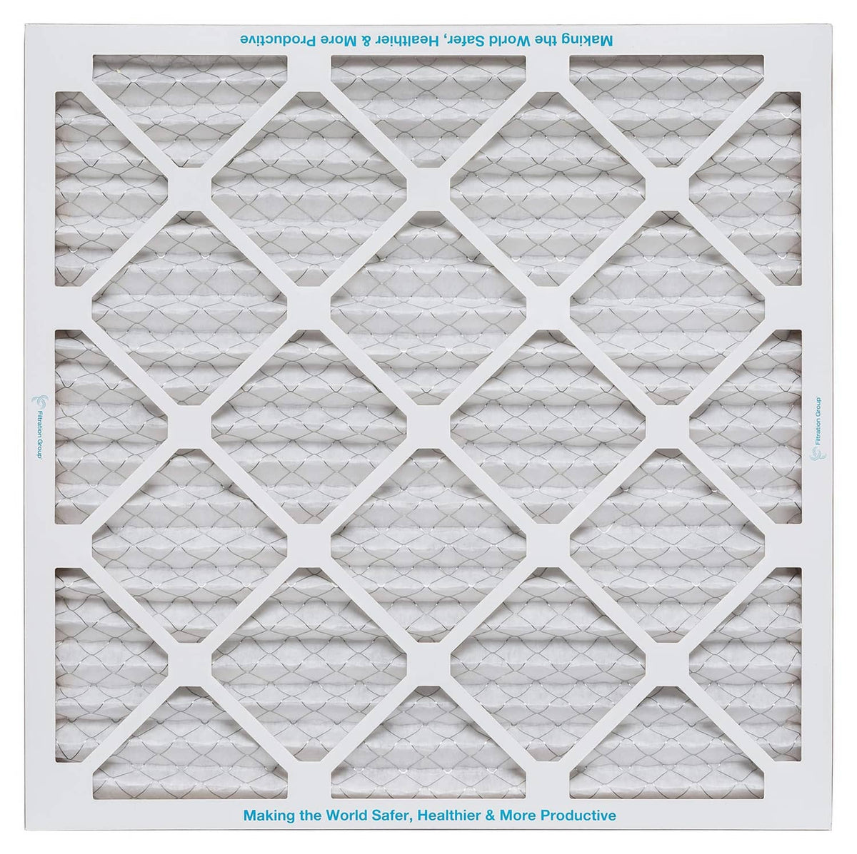 Square air filter with white pleated media and geometric cross-hatch frame