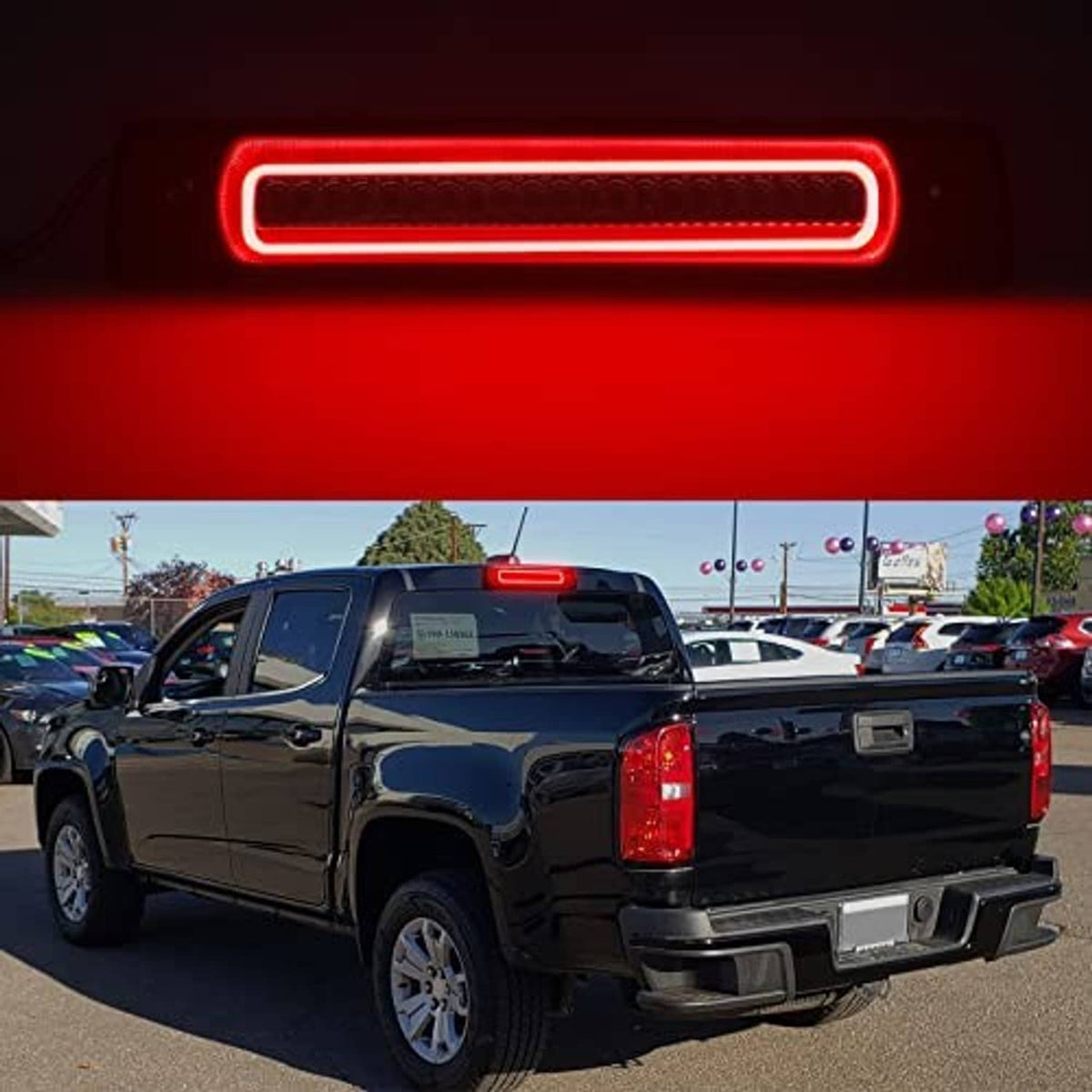 Smoked LED third brake light glowing red LED bar on the pickup rear