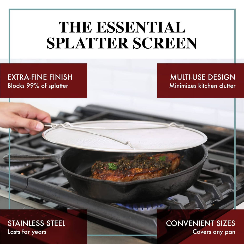 Round stainless splatter screen resting over a frying pan with wire handle.