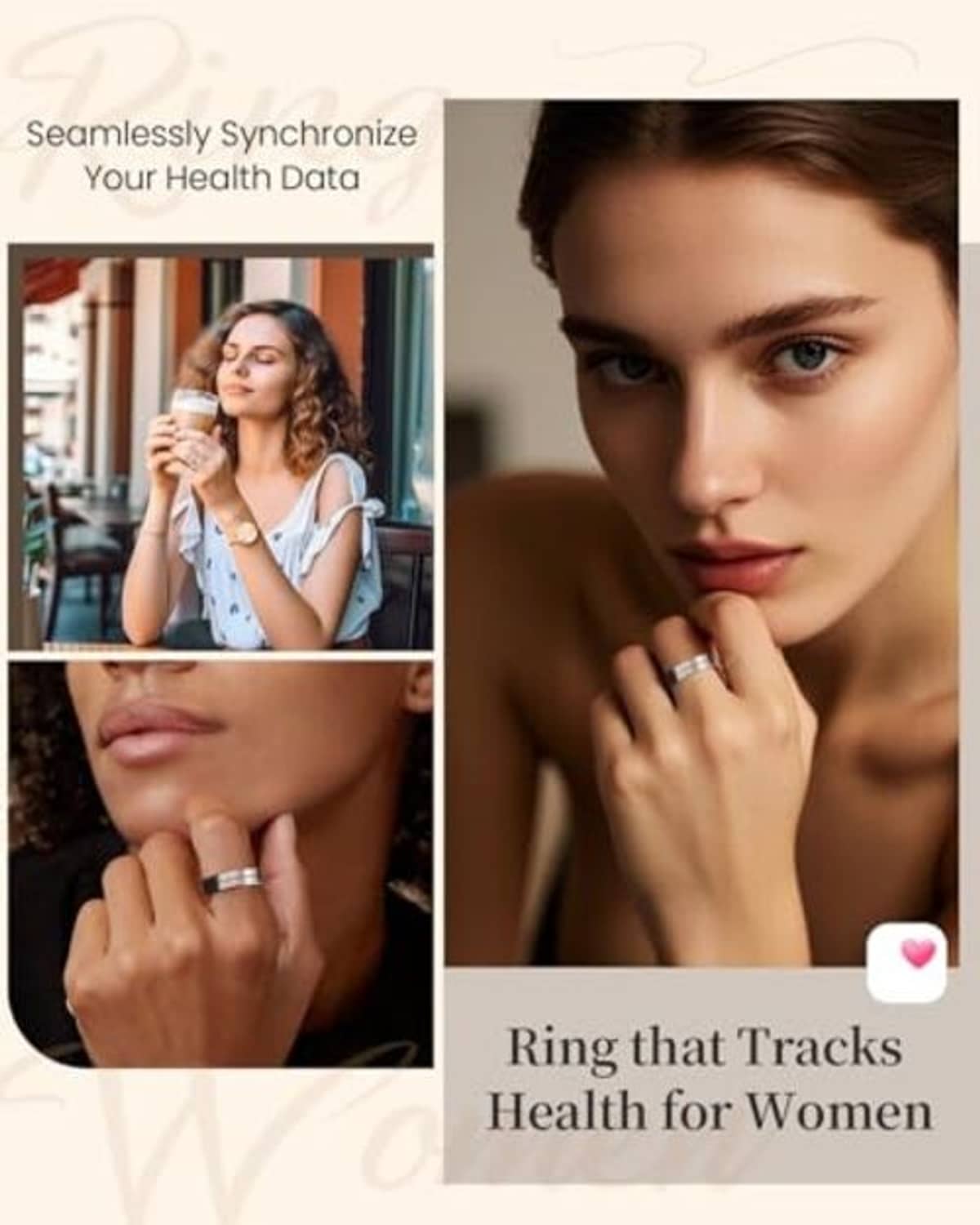 Health tracking smart ring on woman's hand with data sync graphic