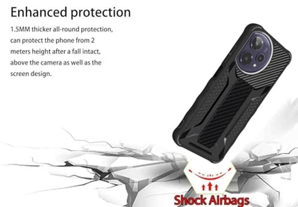 Black rugged phone case with carbon-fiber pattern, thick shock-absorbing design